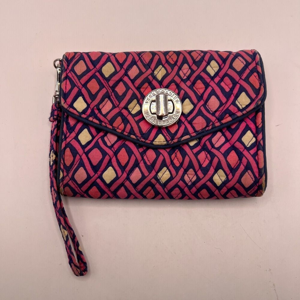 Vera Bradley Ribbons Turnlock Wallet Pink Blue Quilted Cotton Wristlet
